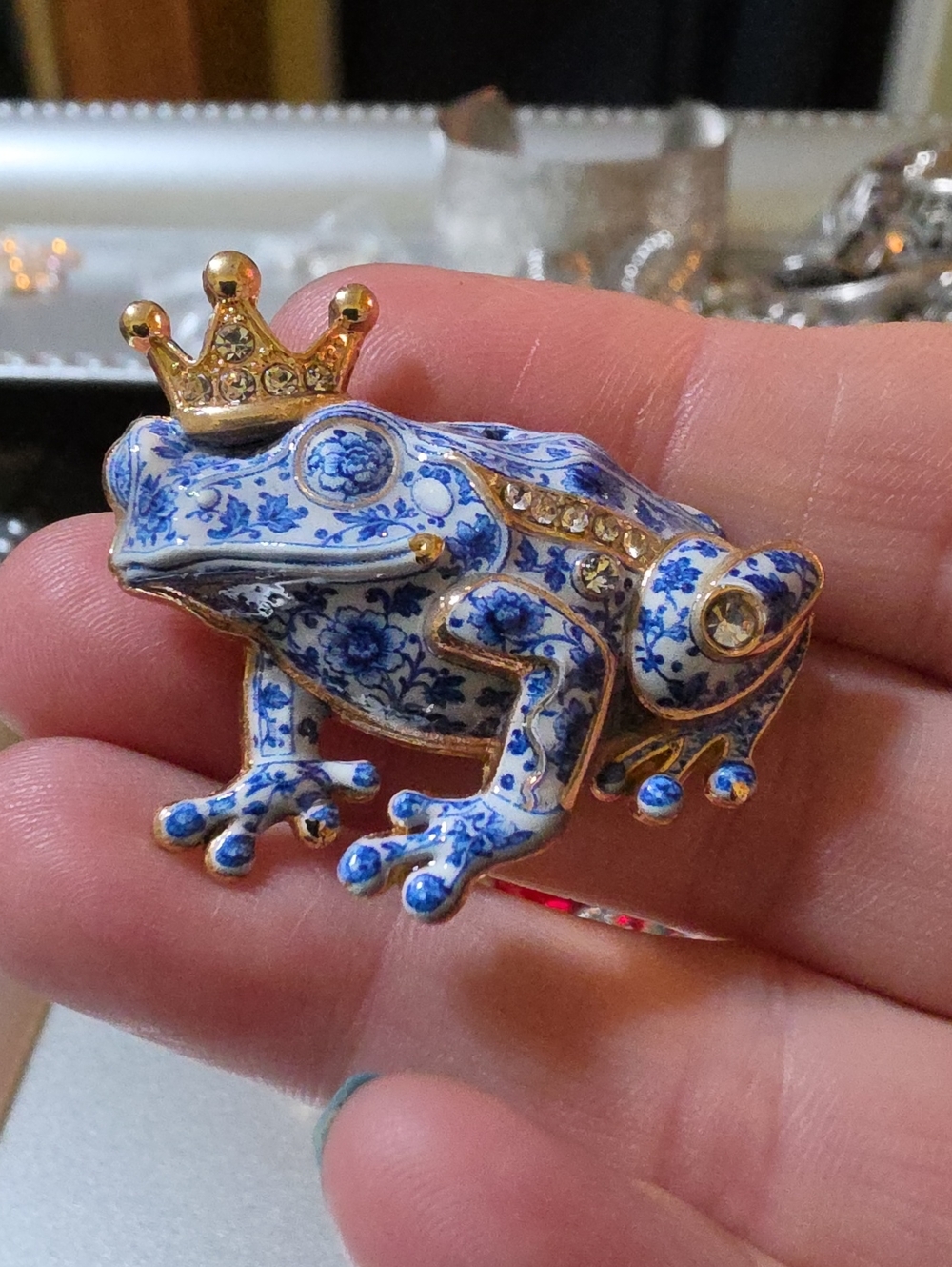 A50- Decorative Blue Floral Frog Brooch with Gold Crown